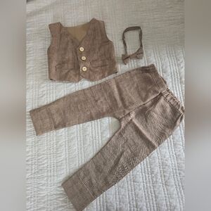 Linen Handmade Boys Brown Pants & Jumpsuit Set
